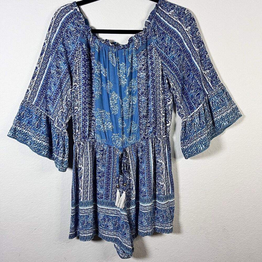ANGIE Blue White Paisley Long Flare Sleeve Beach Nautical Shorts Romper Size L